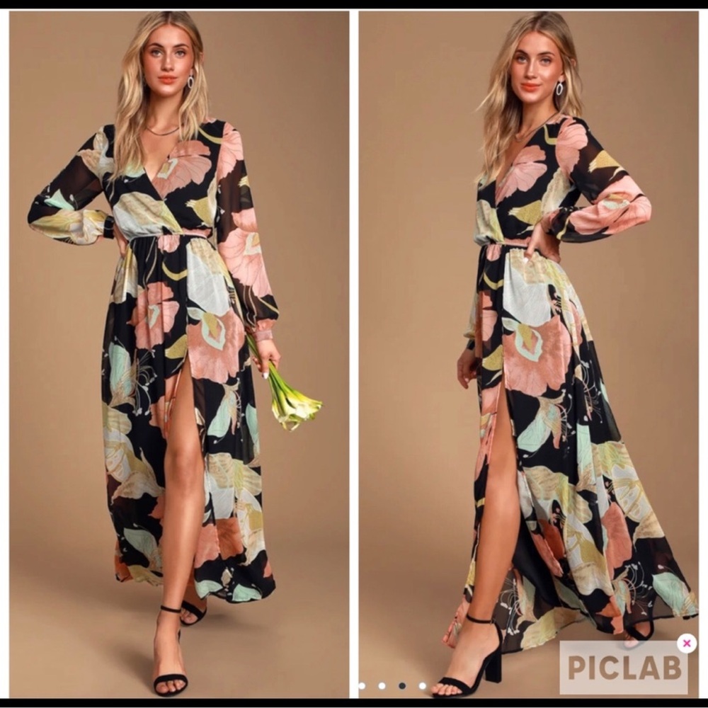 Lulu's Black Maxi Dress with Pink, Mint & Yellow Floral Print